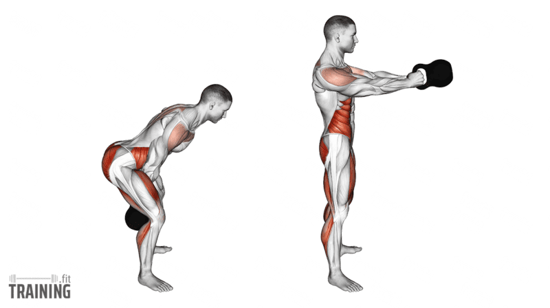 Two-handed kettlebell swing from a hip hinge between the thighs to approximately chest height.; Copyright: 