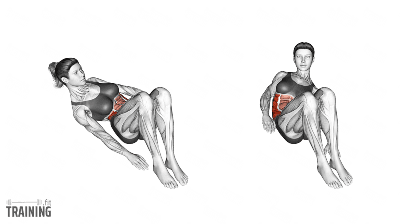 Bewegungsablauf: Seitliches Fersentippen mit leicht angehobenen Schultern, gebeugten Knien und aufgestellten Füßen.