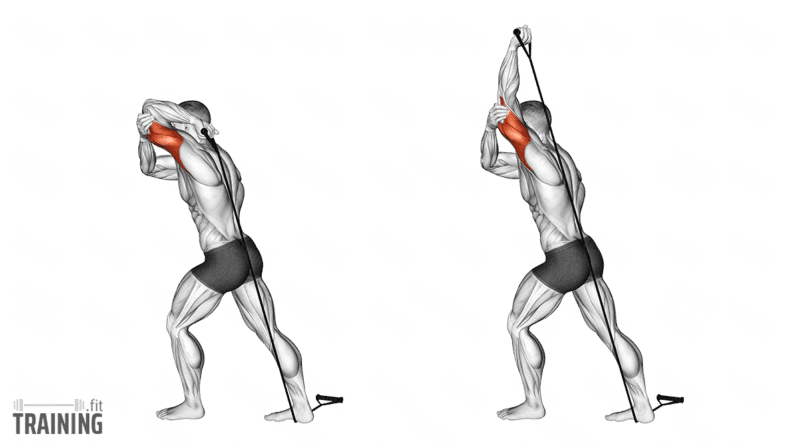 Movement sequence: One-arm overhead triceps extension with a resistance band anchored beneath the foot.