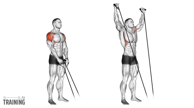 Movement sequence: Standing Y raise with a resistance band attached to a low anchor in front of the body.