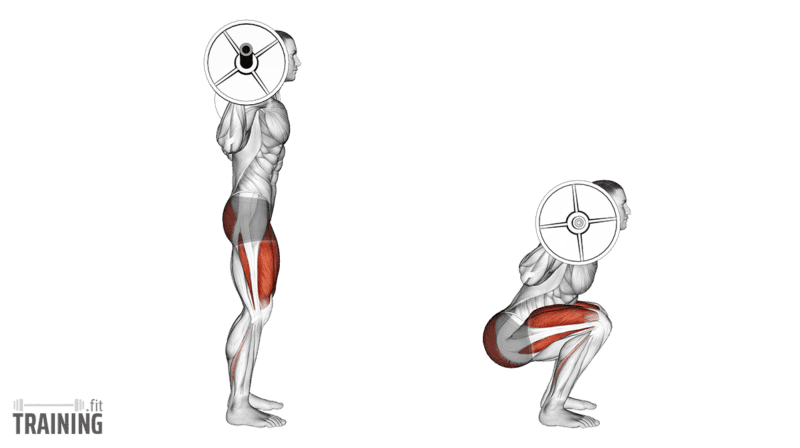 Movement sequence: Squat technique discussion focusing on forward knee travel and whole-foot contact.
