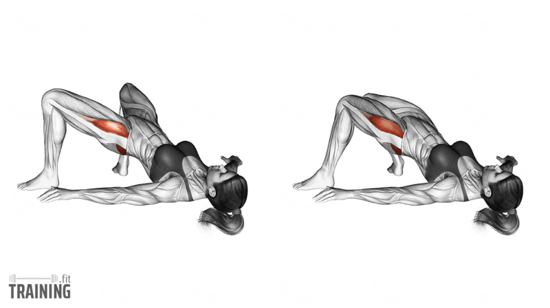 Movement sequence: Floor glute bridge with the hips raised and the bent knees opening outward; no resistance band is shown.