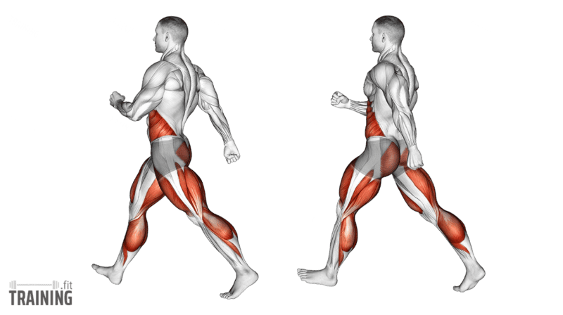 Brisk walking with alternating steps and opposite arm swing; unweighted male illustration.; Copyright: 