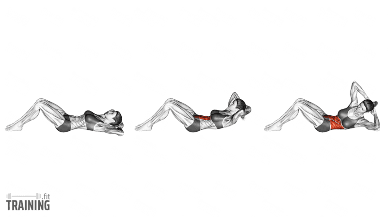 Bewegungsablauf: Chest Lift mit aufgestellten Füßen und anschließender kontrollierter Oberkörperdrehung bei unterstütztem Hinterkopf.