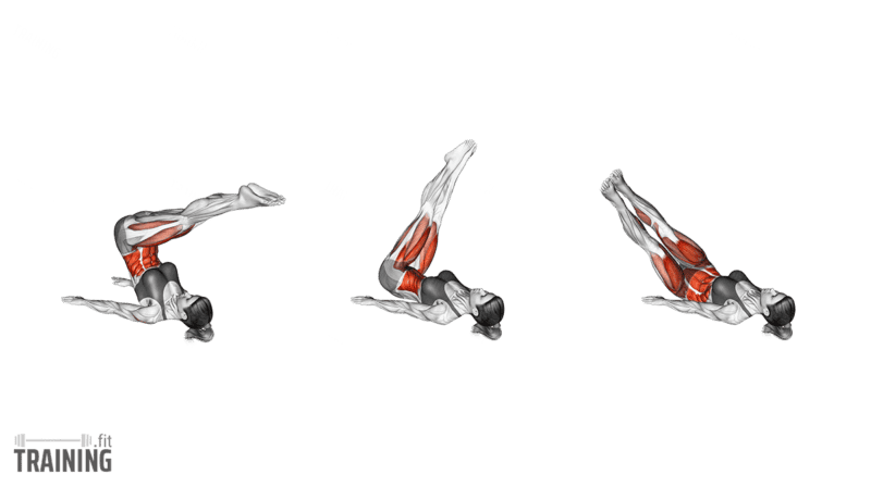 Movement sequence: Advanced Pilates corkscrew with raised pelvis, controlled rollover and legs circling together above the mat.