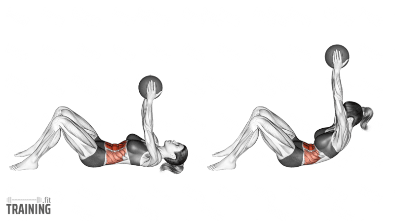 Bewegungsablauf: Crunches am Boden mit gebeugten Knien und einem Medizinball mit beiden Armen gestreckt über der Brust.