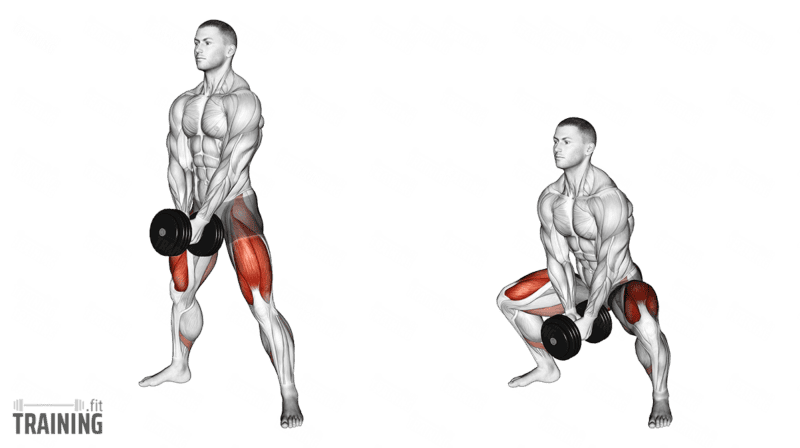 Movement sequence: Wide-stance sumo squat with both hands on the handle of one horizontal dumbbell between the legs.