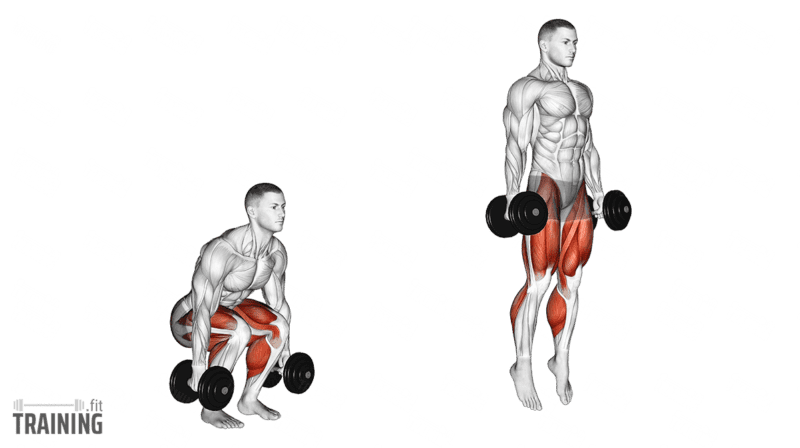 Squat jump with a dumbbell hanging in each hand and both feet leaving the floor together.; Copyright: 