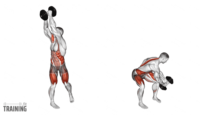Two-handed dumbbell wood chop from above one shoulder into a squat with the weight outside the opposite knee.; Copyright: 