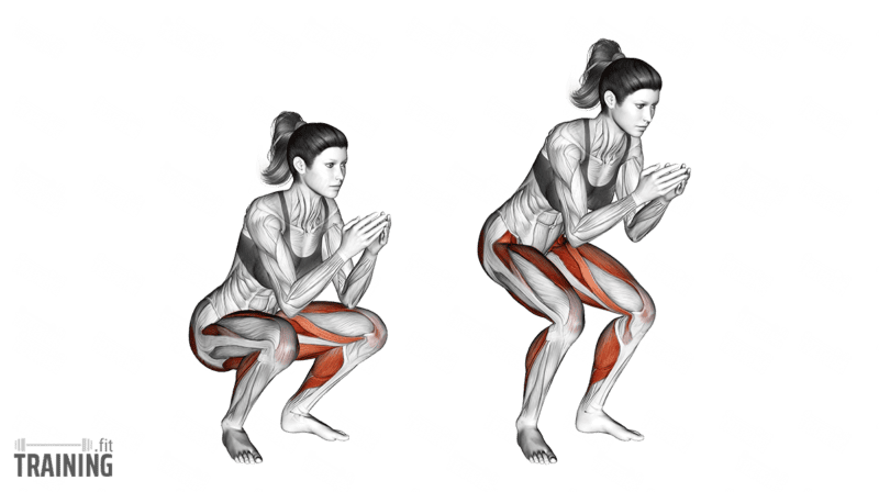Bodyweight frog squat moving from a low squat to a partial rise with hands together and elbows inside the knees.; Copyright: 