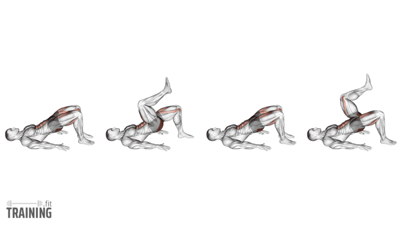 Movement sequence: Glute bridge march with the hips held up and alternate bent-leg lifts.