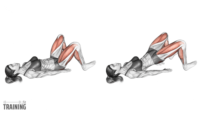 Glute bridge with both heels on the floor and toes lifted toward the shins.; Copyright: 