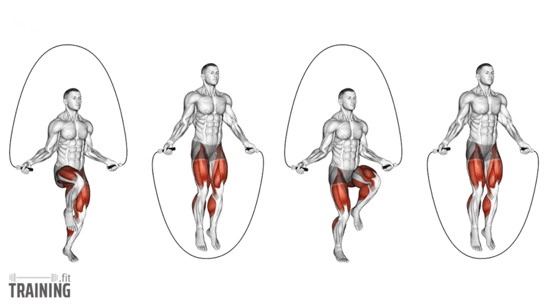 Movement sequence: High-knee rope skipping alternating right and left knee lifts with an optional basic two-foot bounce between them.