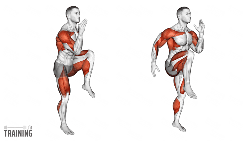 Movement sequence: High-knee running on the spot with alternating raised knees and opposite arm drive.