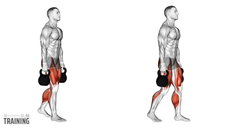 Farmer's carry walking with one kettlebell hanging in each hand at the sides.; Copyright: 