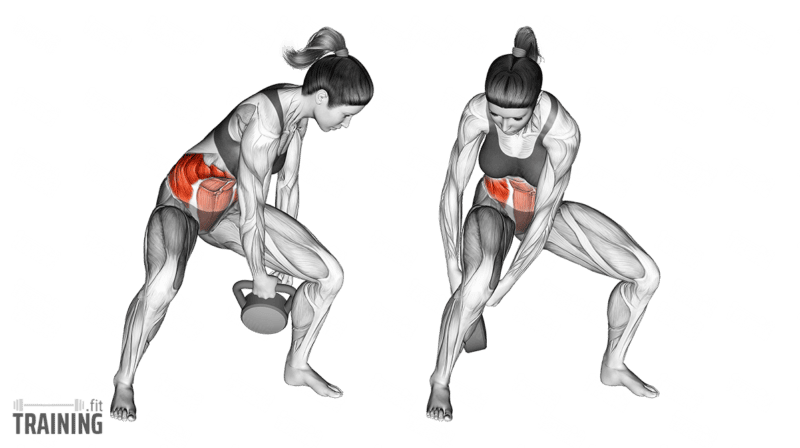 Kettlebell figure eight with hand changes behind the thighs while holding a partial squat.; Copyright: 