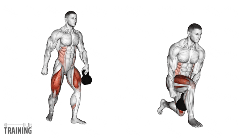 Forward lunge with a kettlebell passed beneath the front thigh from the opposite hand into the same-side hand.; Copyright: 