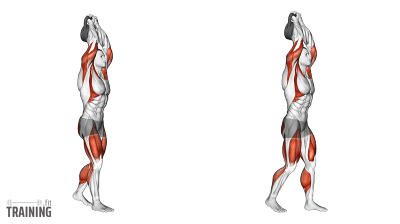 Movement sequence: Walking overhead carry with a single kettlebell held above the head in both hands.