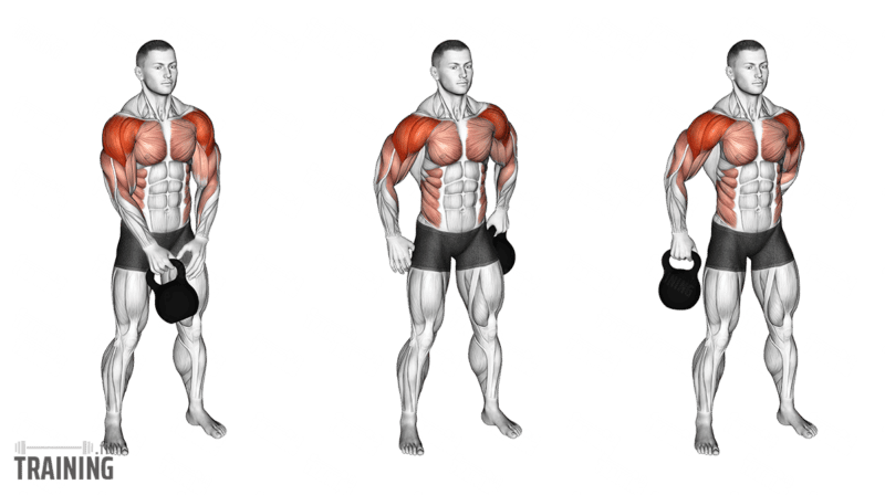 Movement sequence: Standing kettlebell slingshot with a hip-level circle and hand changes in front of and behind the body.