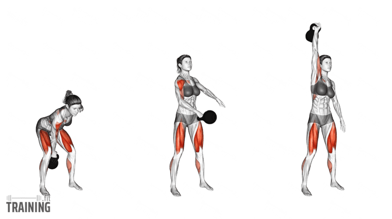 Single-arm kettlebell snatch from a hip-driven backswing to an extended overhead hold.; Copyright: 
