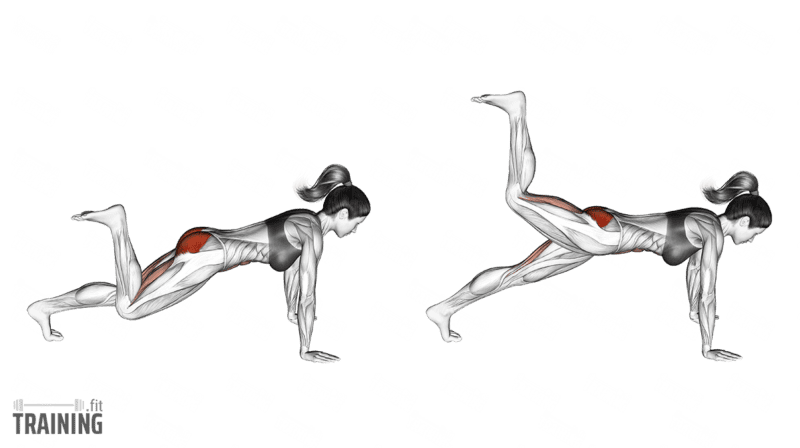 Bewegungsablauf: Glute Kickback mit gebeugtem Knie im hohen Plank; beide Hände und das gestreckte Stützbein bleiben am Boden.