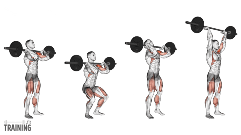 Bewegungsablauf: Push Press mit Langhantel aus kurzem Dip vor den Schultern über Beinantrieb zur Überkopfhaltung mit geraden Beinen.