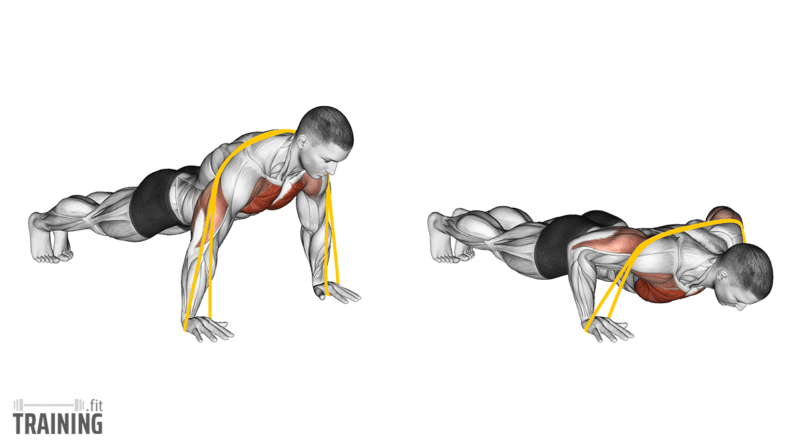 Bewegungsablauf: Liegestütze am Boden mit Fitnessband über dem oberen Rücken und Befestigung unter beiden Händen.
