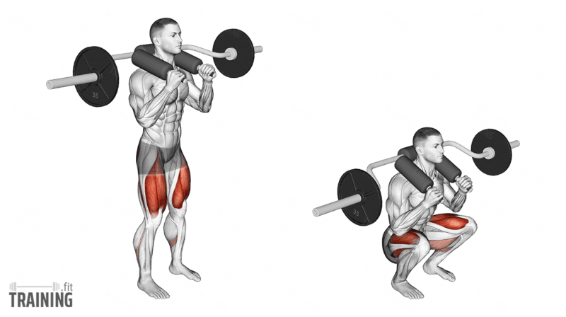 Safety-bar squat with a padded yoke across the upper back and both hands on the forward handles.; Copyright: 