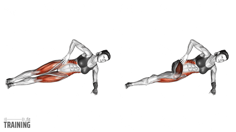 Movement sequence: Side plank on a straight arm, first with both legs extended, then with the top knee drawn toward the chest.