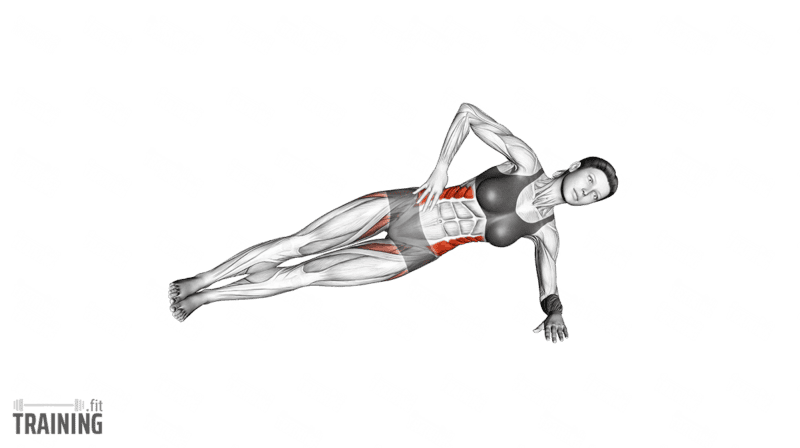 Bewegungsablauf: Seitstütz auf einem gestreckten Arm mit übereinanderliegenden Füßen und freier Hand auf der Hüfte.