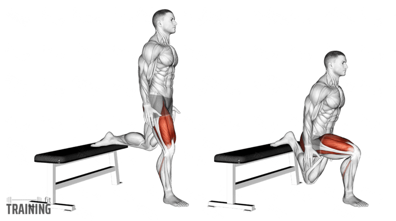 Bodyweight Bulgarian split squat with the rear foot resting on a bench and the front leg lowering and raising the body.; Copyright: 