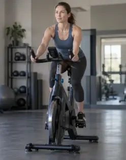A woman riding a stationary bike in a fitness studio.