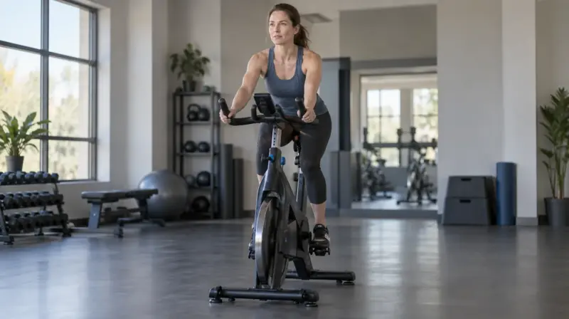 A woman riding a stationary bike in a fitness studio.