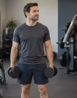 A man holding dumbbells beside a weight rack, with a resistance machine behind him.