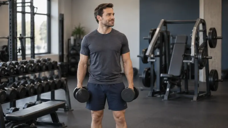 A man holding dumbbells beside a weight rack, with a resistance machine behind him.