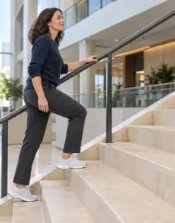 A woman walks up an indoor staircase in casual clothes, with one hand on the railing.