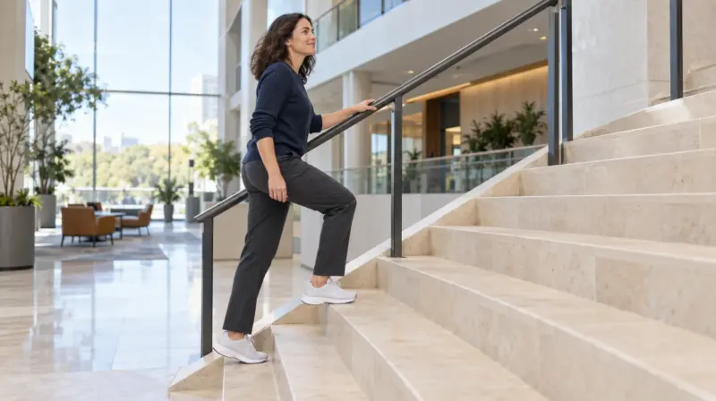 A woman walks up an indoor staircase in casual clothes, with one hand on the railing.