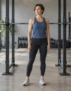 Uma mulher em pé ao lado de um rack de agachamento na academia.