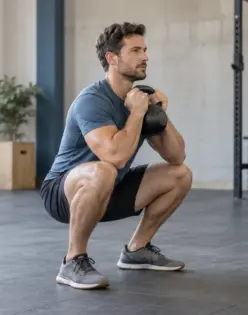 A man holding a kettlebell at his chest in a squat.