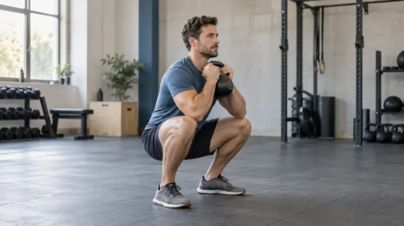 A man holding a kettlebell at his chest in a squat.