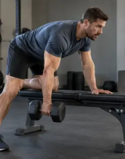 A man holding a dumbbell with one hand while supported on a gym bench.