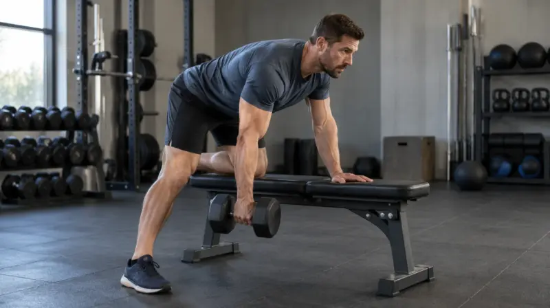 A man holding a dumbbell with one hand while supported on a gym bench.