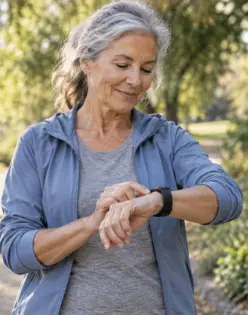 A woman looking at her activity watch on a park path.
