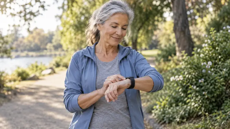 A woman looking at her activity watch on a park path.